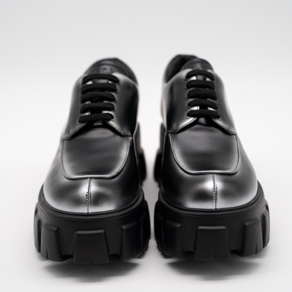 size 39.5eu 9.5 US Prada Monolith Brushed Leather Lace-up Shoes Black Silver - Picture 2 of 13